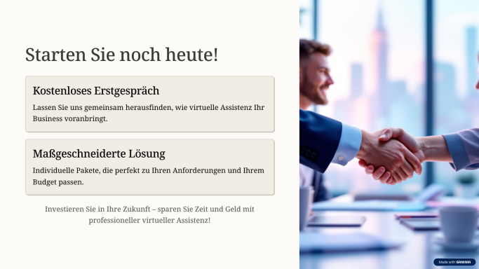 Handschlag zwischen zwei Personen, Text über Beratung und maßgeschneiderte Lösungen.